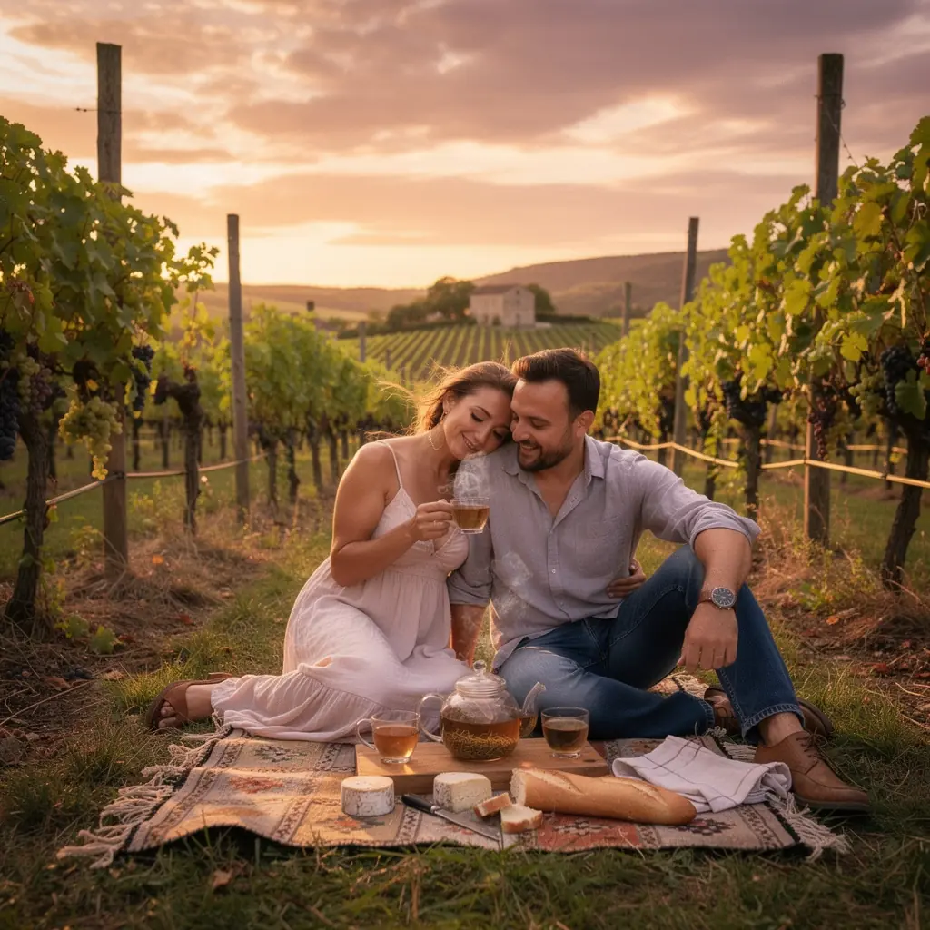 ScГЁne d'une table belge avec une thГ©iГЁre et des tasses, entourГ©e de graines de fenouil.