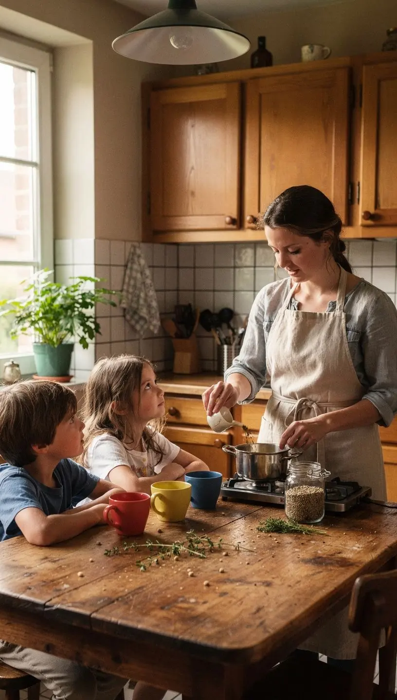 Table en bois avec une théière traditionnelle et des tasses, entourées de graines de fenouil.